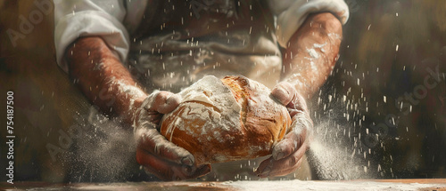 Realistic and vivid portrayal of an artisan baker in one of the worlds best bakeries hands dusted with flour #754187500