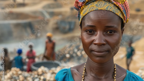 A thin African diamond miner is in the background. Traditional African workers washing diamonds