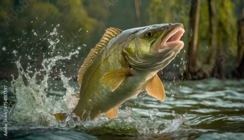 High-quality photo . Large mouth bass jumping out of the water. front view  © blackdiamond67