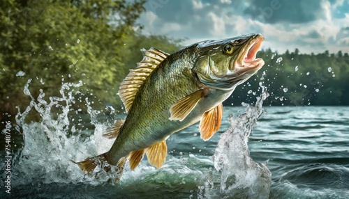 High-quality photo . Large mouth bass jumping out of the water. front view  © blackdiamond67