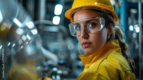 Female worker wearing protective clothing while operating equipment in modern chemical factory photo
