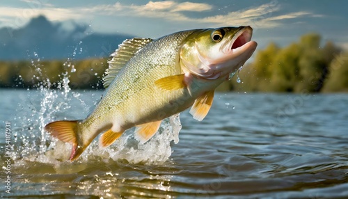 High-quality photo . Large mouth bass jumping out of the water. front view 