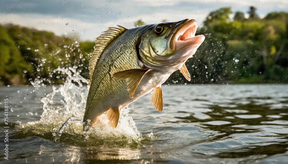High-quality photo . Large mouth bass jumping out of the water. front view High-quality photo . Large mouth bass jumping out of the water. front view