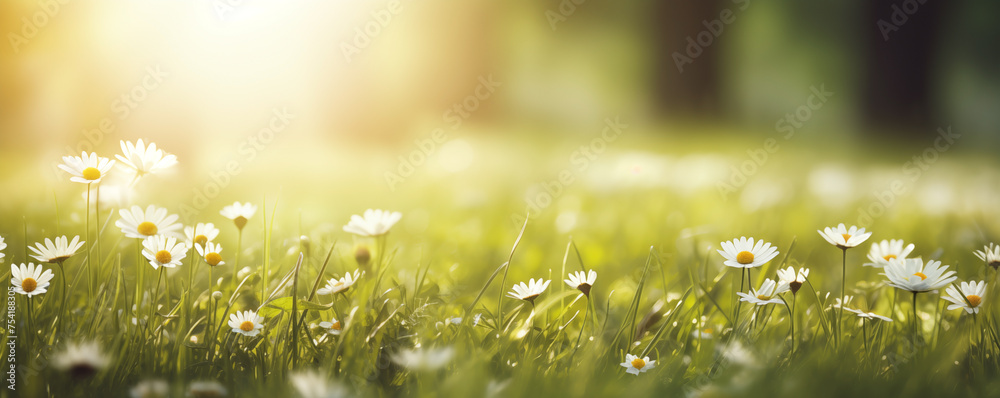 Fototapeta premium Nature banner of daisies in a sunny meadow, a peaceful flowers background