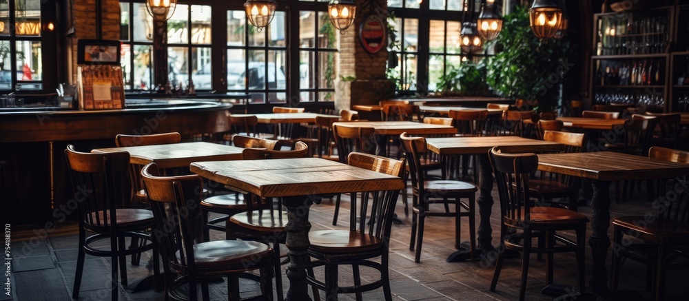 A restaurant filled with wooden tables and chairs, set up for dining. The tables are neatly arranged with chairs, creating a functional and welcoming atmosphere for patrons. A restaurant filled with wooden tables and chairs, set up for dining. The tables are neatly arranged with chairs, creating a functional and welcoming atmosphere for patrons.