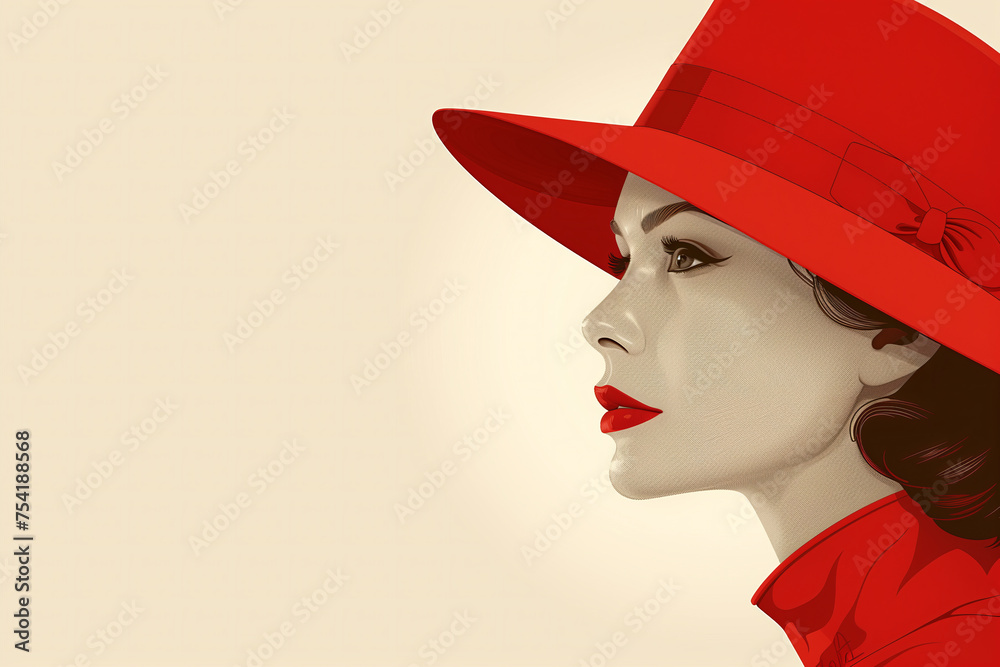 Elegancka kobieta z czerwonym kapeluszem - obrazy, fototapety, plakaty 