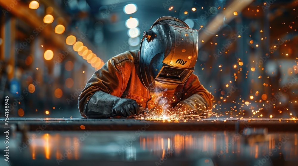 Professional welder at work Maintenance technicians are welding and grinding in their work place in the workshop. Helmets and protective gear were worn as sparks "flew" around them. - obrazy, fototapety, plakaty 