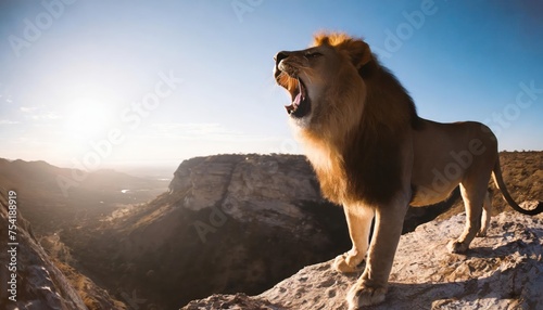 High-quality photo . Lion roaring on the cliff. animal world with forest in the background 