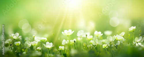 Lush spring banner of nature beauty with white flowers in bright green grass
