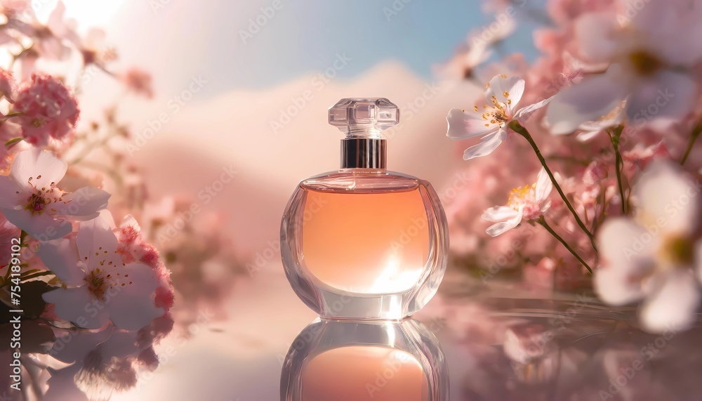 perfume bottle and flowers - obrazy, fototapety, plakaty 