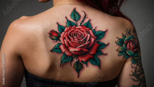 A rose tattoo with five roses on the body of a beautiful girl. generative AI