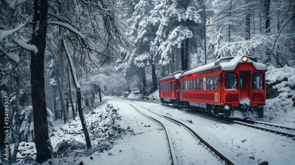 a modern beautiful red train going in cold snow