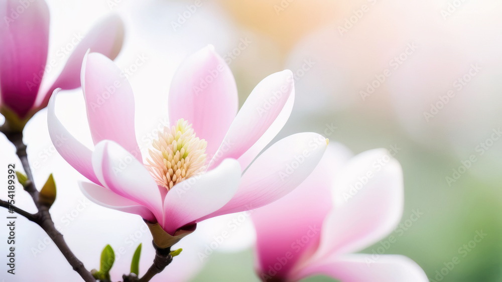 Obraz premium Close-up of a blooming magnolia in soft pink color. Copy space.