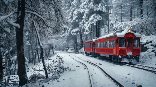 a modern beautiful red train going in cold snow © Emil