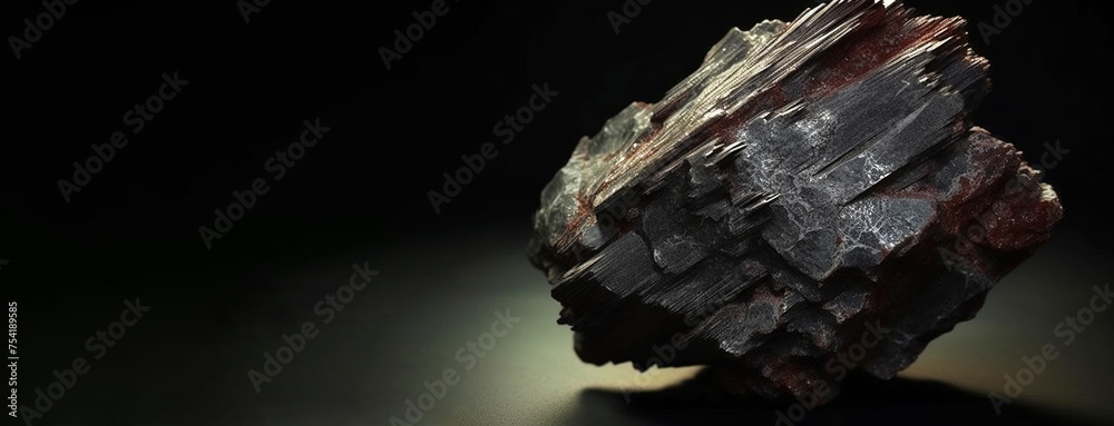 Dyscrasite is a rare precious natural stone on a black background. AI generated. Header banner mockup with space.