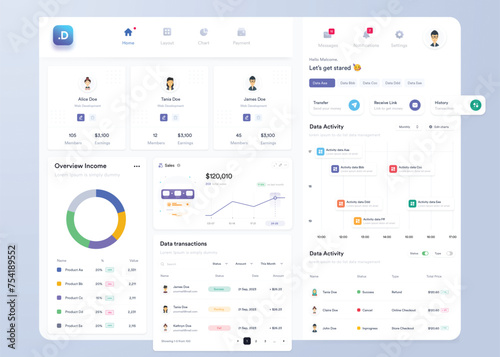 UI UX Infographic dashboard. UI design with graphs, charts and diagrams. Web interface template