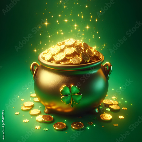 Pot of gold, gold coins, Shamrock leaves, isolated on a green background, St. Patrick’s Day, 