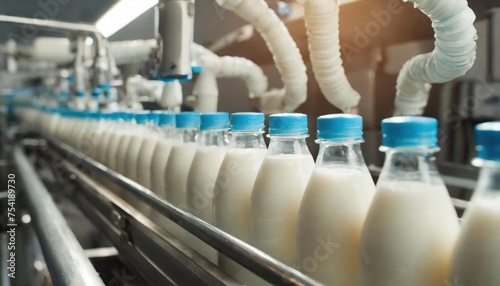 High-quality photo . Milk factory. Robotic factory line for processing and glass bottling of