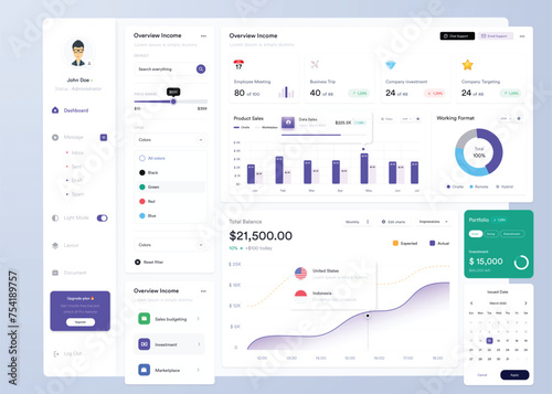 UI UX Infographic dashboard. UI design with graphs, charts and diagrams. Web interface template