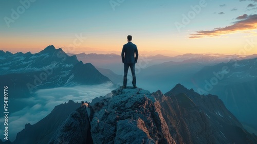 Successful Business man standing on the top of the mountain looking at the view. Business success concept