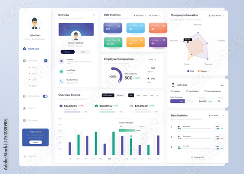 UI UX Infographic dashboard. UI design with graphs, charts and diagrams. Web interface template