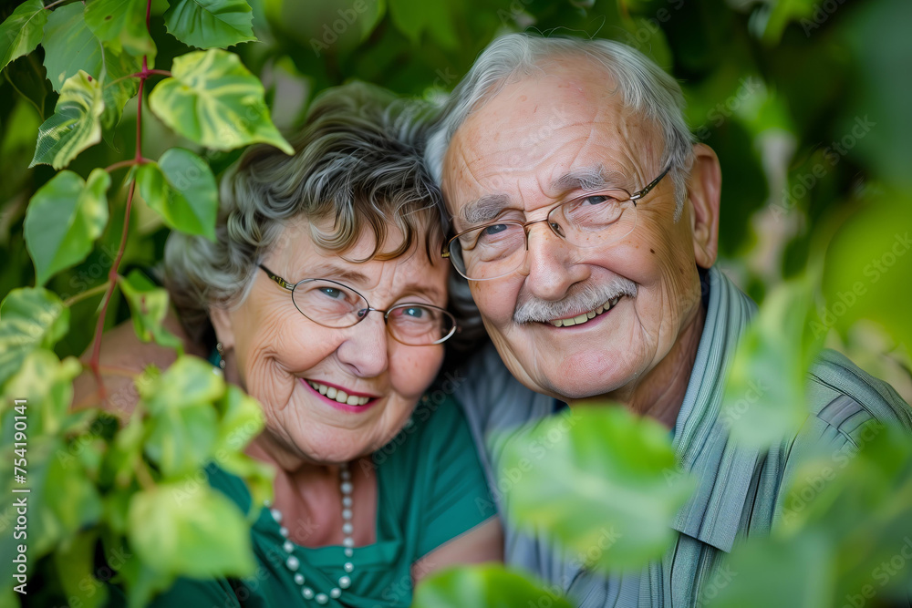 smiling pensioners among summer foliage smiling pensioners among summer foliage