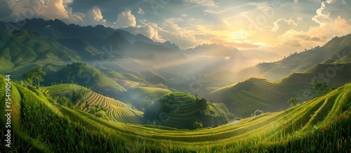 Sunrise Landscape with Rice Terraces in Vietnam