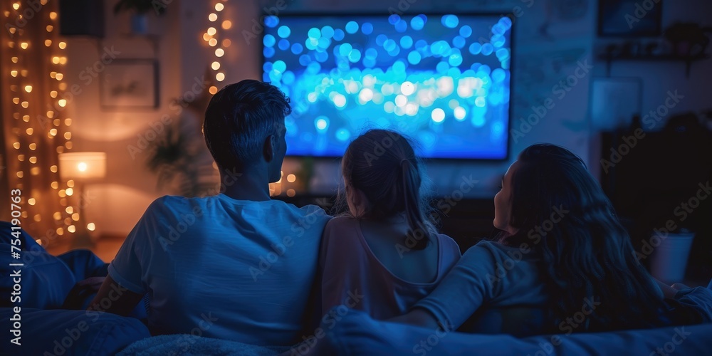 A family having dinner in front of a big-screen television. Generative Ai