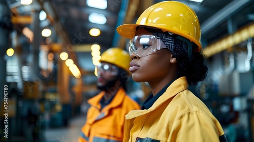 Two Women Working in a Vibrant Factory, To showcase a diverse and inclusive industrial workplace with a focus on safety and teamwork photo