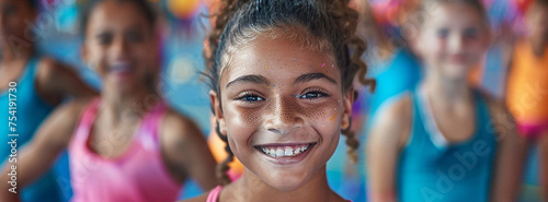 Portrait of smiling girl gymnast with backpack in sports camp