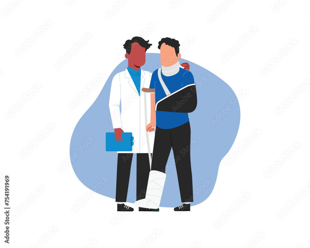 A medical person in white help an Injured man with broken arm. Vector illustration in flat style.
