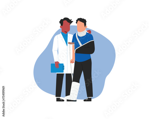 A medical person in white help an Injured man with broken arm. Vector illustration in flat style.
