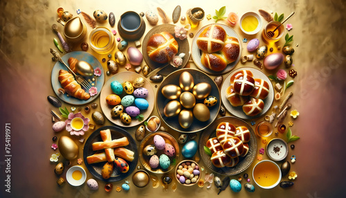 Flat lay composition of traditional Easter foods for holiday backgrounds