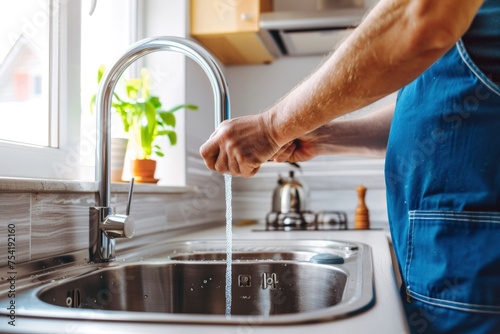 A handyman adjusts the water flow of a kitchen sink tap  ensuring functionality and efficiency in a well-lit home setting