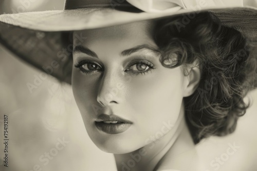A monochrome portrait of a woman, captivating with an enigmatic expression and a fashionable hat