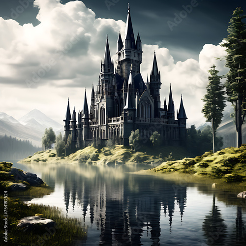 A majestic castle perched on a hill, gazing over a serene lake.