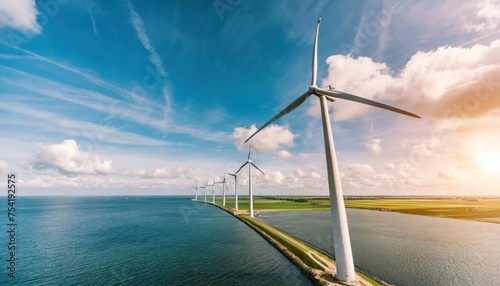 High-quality photo . Windmill park with clouds and a blue sky, wind mill turbines in the ocean