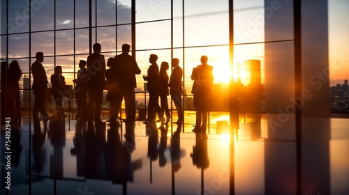 Business professionals connecting near glass windows during sunset 