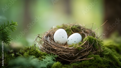 White Bird Eggs in a Nest. Blurred Forest Background
