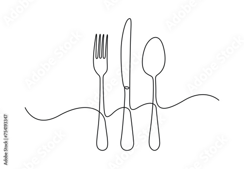 One continuous line drawing of spoon, knife and fork vector illustration. Free vector photo