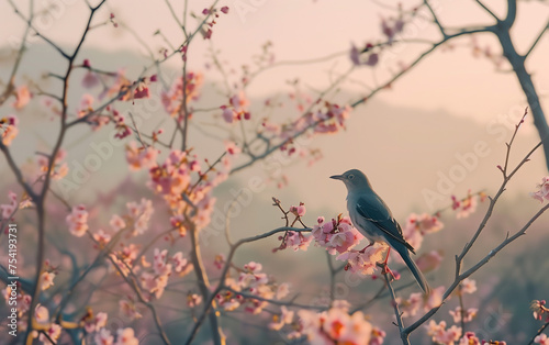 bird on cherry blossom tree,created with Generative AI tecnology.  © henvryfo