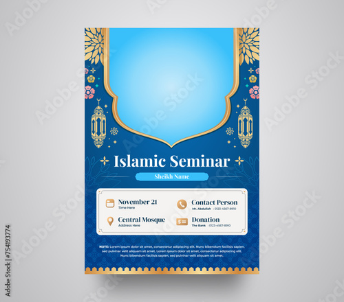 Blue Islamic Seminar and Webinar A4 Poster Flyer Design Template for Islamic Teaching and Lecturing