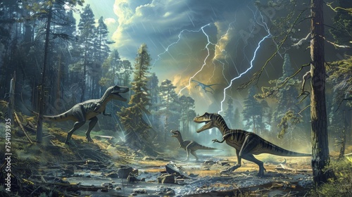 Dramatic scene of Velociraptors and a Pterosaur caught in a lightning storm within an atmospheric Jurassic forest setting. photo