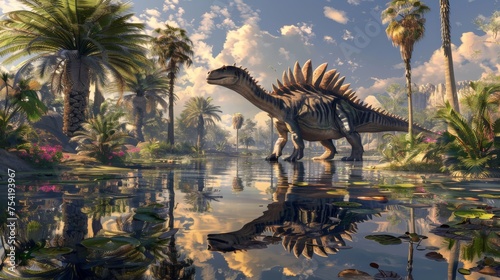 A Spinosaurus reflected in the calm waters of a prehistoric wetland, amidst lush tropical vegetation and a warm, inviting skyline.