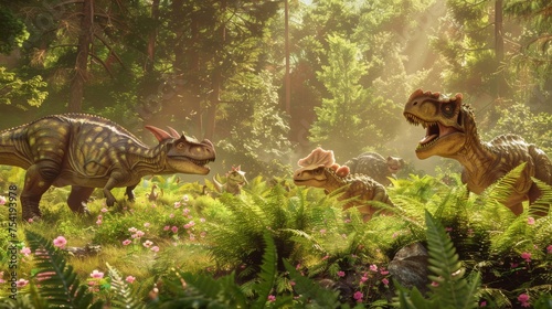 A family of dinosaurs engag...