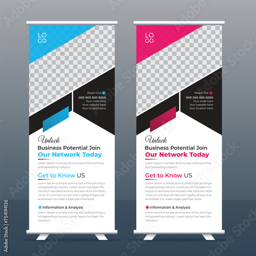Multipurpose Rollup Banner Layout with Blue and Pink Accent.