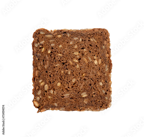 Square slice of dark brown bread with seeds and grain isolated on white, clipping path, top view, PNG