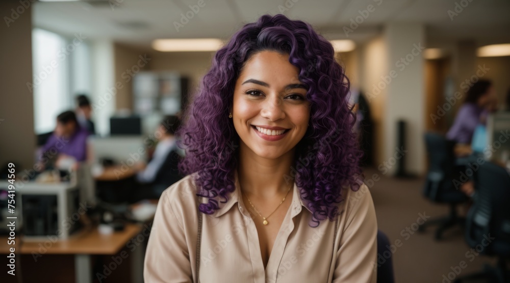 Content woman in white with an office background blur Content woman in white with an office background blur