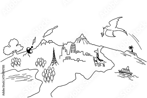自然や町が共生する地球のイメージ線画イラスト　白黒