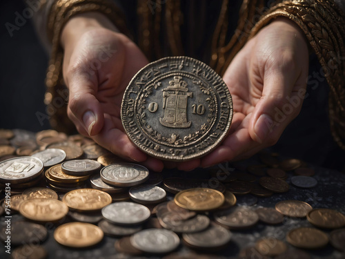 Ancient coins. Generative AI. Male hands hold an ancient coin. Collection of ancient coins. AI illustration